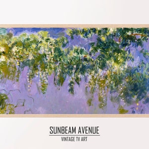 May include: A painting of a wisteria vine with purple flowers hanging down from a tree with green leaves. The background is a light purple color. The painting is framed in a light wood frame.
