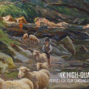 Peut inclure: Une peinture repr&eacute;sentant un berger avec un troupeau de moutons dans un cadre forestier. Le berger porte un chapeau et tient un b&acirc;ton. Les moutons sont blancs et marchent le long d'un chemin dans la for&ecirc;t. La peinture est r&eacute;alis&eacute;e dans un style r&eacute;aliste et pr&eacute;sente une palette de couleurs chaudes.