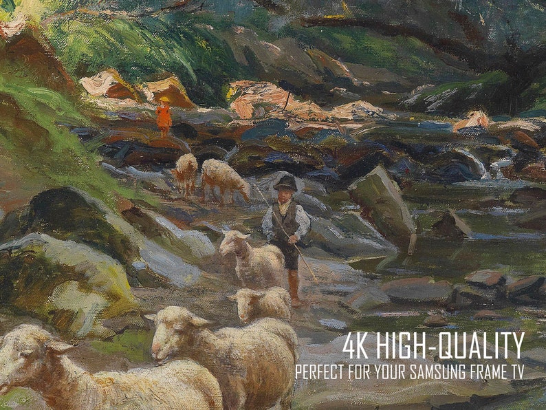 Peut inclure: Une peinture repr&eacute;sentant un berger avec un troupeau de moutons dans un cadre forestier. Le berger porte un chapeau et tient un b&acirc;ton. Les moutons sont blancs et marchent le long d'un chemin dans la for&ecirc;t. La peinture est r&eacute;alis&eacute;e dans un style r&eacute;aliste et pr&eacute;sente une palette de couleurs chaudes.