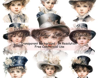 Set of 23 Victorian Vintage Little Boy Watercolor Clipart Bundle, Transparent PNG, Digital Download, Card Making Scrapbook Junk - 2137PC