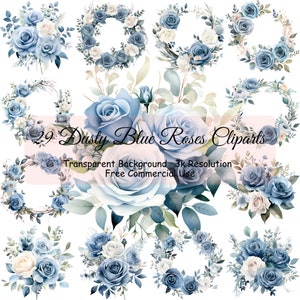 29 Dusty Blue Roses Clipart Bundle, Transparent PNG, Flower Bouquets, Flower Wreath, Card Making, Commercial Use - 2306PC