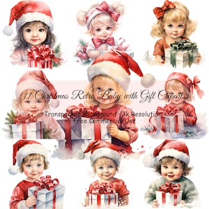 Set of 11 Christmas Retro Baby Gift Watercolor Clipart Bundle, transparent PNG, Cute Boys Clipart, Sublimation, Paper craft, Junk - 2091PC