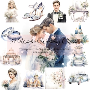 Set of 51 Winter Wedding Day Clipart Bundle Watercolor, Transparent PNG, Bride Groom Clipart,Digital Download,Scrapbooking - 2030PC