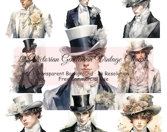 Set of 19 Victorian Gentleman Vintage Watercolor Clipart Bundle, Transparent PNG, Digital Download, Card Making Scrapbook Junk - 2113PC