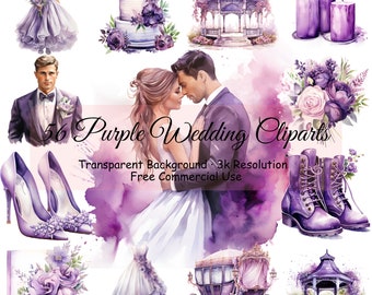 Set von 56 lila Hochzeit Tag Clipart, transparentes PNG, gerade verheiratet Braut Bräutigam Aquarell Clipart, digitaler Download, - 2066PC