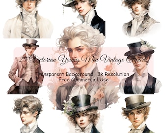 Set of 23 Victorian Young Men Vintage Watercolor Clipart Bundle, Transparent PNG, Digital Download, Card Making Scrapbook Junk - 2141PC