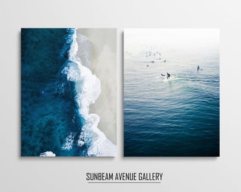 Set van 2 abstracte oceaan afdrukbare muurkunst set van 2, strandprint download, minimalistisch kustmuurdecor, luchtfoto oceaangolven print, - 1724PL