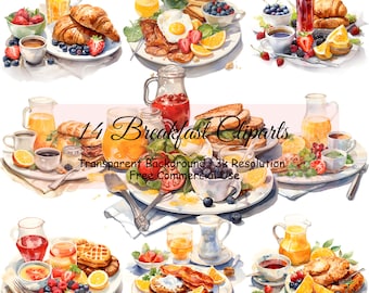 14 ontbijt clipart bundel, transparante PNG, fruit clipart, digitale download, aquarel voedsel clipart, kaart maken, commercieel gebruik-2209PC