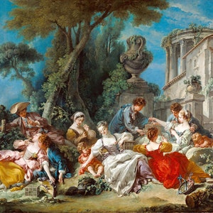 May include: A painting depicting a group of people in a garden setting. The people are dressed in 18th-century clothing and are interacting with each other. There is a birdcage in the foreground, and a classical building in the background.