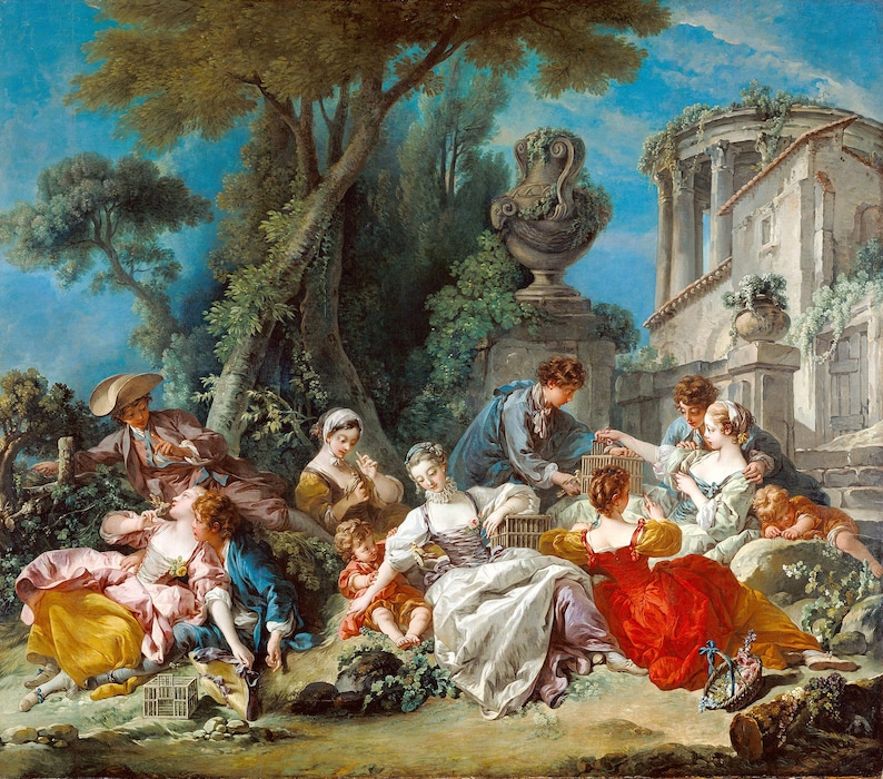 May include: A painting depicting a group of people in a garden setting. The people are dressed in 18th-century clothing and are interacting with each other. There is a birdcage in the foreground, and a classical building in the background.