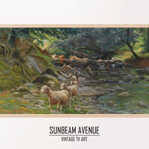 Peut inclure: Une peinture repr&eacute;sentant un berger conduisant un troupeau de moutons &agrave; travers un ruisseau dans une for&ecirc;t verdoyante. L'eau est claire et les rochers sont recouverts de mousse. Les arbres sont grands et feuillus, et le ciel est bleu.