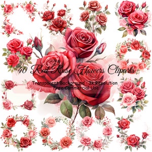 Pacote de clipart de 40 flores rosas vermelhas, PNG transparente, buquês de flores, guirlanda de flores, confecção de cartões, uso comercial - 2273PC