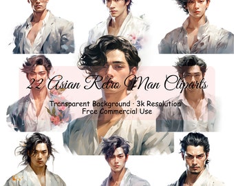 22 Asian Retro Man Watercolor Bundle, Transparent PNG, Digital Download, Junk Journal Scrapbooking, Portrait Clipart, Commercial - 2154PC