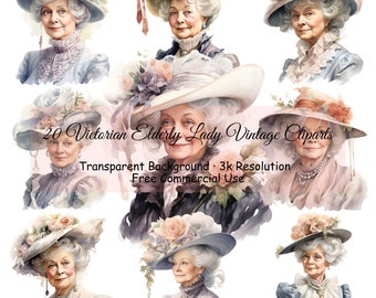 Set of 20 Victorian Elderly Lady Vintage Watercolor Clipart Bundle, Transparent PNG,Digital Download,Card Making Scrapbook Junk - 2129PC