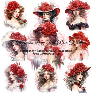 Set of 18 Victorian Lady Red Rose Watercolor Clipart Bundle, Transparent PNG, Digital Download, Card Making Scrapbook Junk Journal - 2111PC