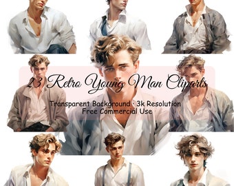 23 Retro Young Man Watercolor Bundle, Transparent PNG, Digital Download, Junk Journal Scrapbooking, Portrait Clipart, Commercial - 2172PC