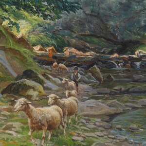Peut inclure: Une peinture repr&eacute;sentant un berger conduisant un troupeau de moutons &agrave; travers un ruisseau rocheux dans une for&ecirc;t verdoyante. Les moutons sont blancs et l'eau est claire et bleue. La for&ecirc;t est pleine d'arbres et de feuillage.