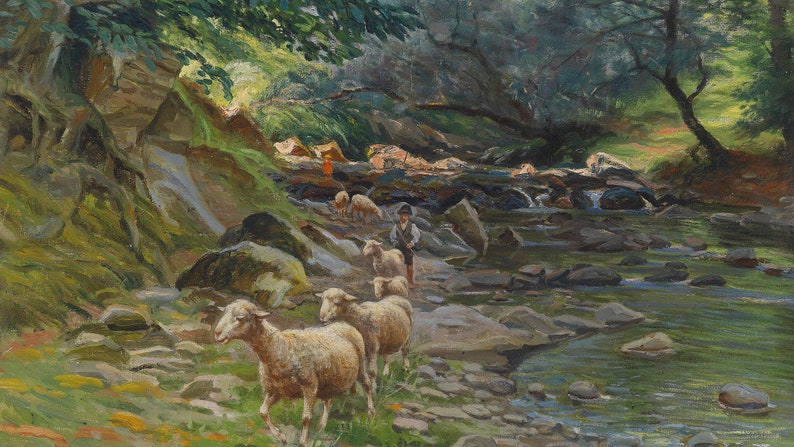 Peut inclure: Une peinture repr&eacute;sentant un berger conduisant un troupeau de moutons &agrave; travers un ruisseau rocheux dans une for&ecirc;t verdoyante. Les moutons sont blancs et l'eau est claire et bleue. La for&ecirc;t est pleine d'arbres et de feuillage.