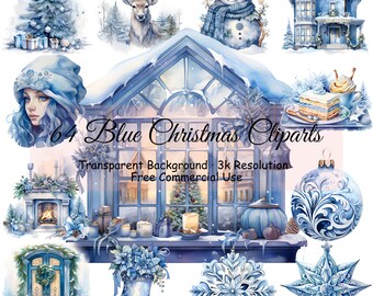 Conjunto de 64 clipart de aquarela de Natal azul, estilo de vida de núcleo de casa de campo, PNG transparente, download digital, álbum de recortes para confecção de cartões, - 2068PC