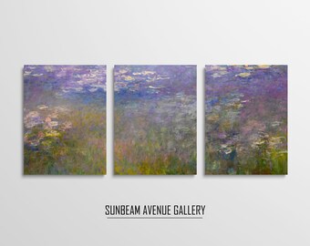May include: A triptych of paintings depicting a water lily pond with a hazy, impressionistic style. The water is a soft purple and blue, with white lily pads floating on the surface. The background is a soft green and yellow, with hints of pink and orange. The paintings are titled "SUNBEAM AVENUE GALLERY".