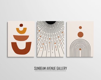 May include: Three abstract art prints with geometric shapes in shades of brown, orange, and black on a cream background. The prints are titled "Sunbeam Avenue Gallery".