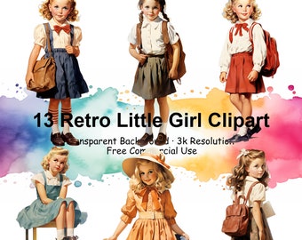 Set of 13 Retro Little Girl Watercolor Clipart Bundle, transparent PNG, Vintage Cute Girl Clipart, Sublimation, Paper craft, Junk - 2017PC