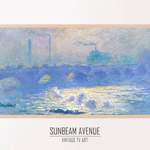 May include: A painting of a bridge over a river with a city skyline in the background. The painting is done in a style reminiscent of Impressionism, with soft brushstrokes and a hazy atmosphere. The colors are mostly blue, white, and gray, with hints of pink and yellow.