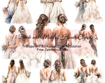 Set von 13 Braut und Trauzeugin zurück Aquarell Clipart Bundle, Junk Journal Hochzeit Clipart, PNG, Romantische Clipart, Digital - 2041PC