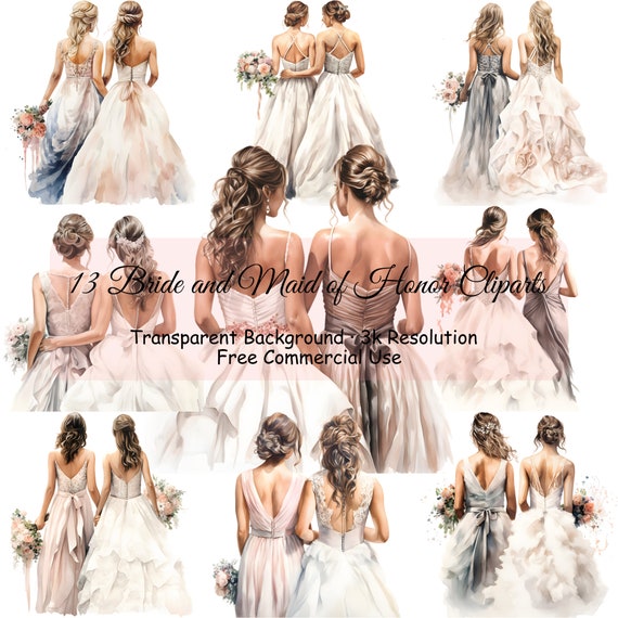 Set of 13 Bride and Maid of Honor Back Watercolor Clipart  display picture 2