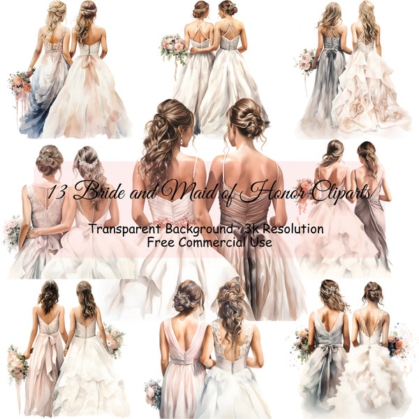 Set of 13 Bride and Maid of Honor Back Watercolor Clipart Bundle,Junk Journal Wedding Clipart, PNG, Romantic clipart, Digital - 2041PC