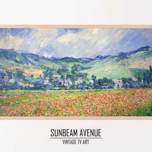 May include: A painting of a landscape with rolling hills, a field of flowers, and a cloudy sky. The painting is in a wooden frame.