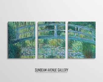 May include: A triptych painting of a green bridge over a pond with water lilies. The bridge is painted in shades of blue and white. The water lilies are painted in shades of pink and white. The background is a lush green forest. The painting is titled "Sunbeam Avenue Gallery".