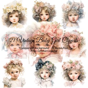 Conjunto de 21 Vintage Baby Girl Acuarela Clipart Bundle, PNG transparente, Descarga digital, Bebé lindo, Tarjeta haciendo chatarra de álbum de recortes - 2123PC