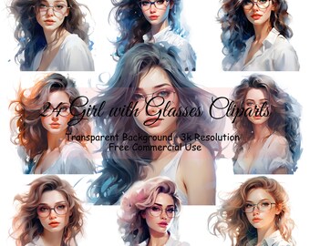 24 Girl with Glasses Watercolor Bundle, Transparent PNG, Digital Download, Junk Journal Scrapbooking, Portrait Clipart, Commercial - 2184PC