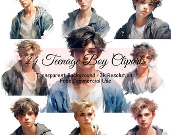 24 Teenage Boy Watercolor Bundle, Transparent PNG, Digital Download, Junk Journal Scrapbooking, Portrait Clipart, Commercial Use - 2196PC