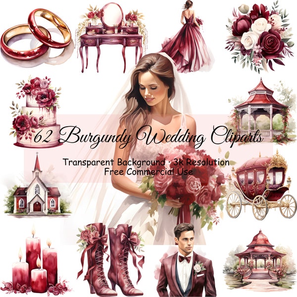 Set of 62 Burgundy Wedding Day Clipart Bundle Watercolor, Transparent PNG, Bride Groom, Digital Download, Scrapbooking - 2033PC