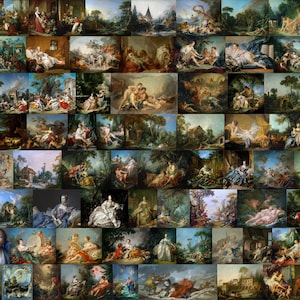May include: A collage of 64 paintings depicting various scenes from nature, mythology, and everyday life. The paintings are in a variety of styles, including Baroque, Rococo, and Neoclassical. The colours are bright and vibrant, and the details are intricate.