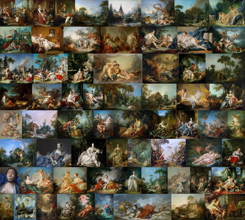 May include: A collage of 64 paintings depicting various scenes from nature, mythology, and everyday life. The paintings are in a variety of styles, including Baroque, Rococo, and Neoclassical. The colours are bright and vibrant, and the details are intricate.