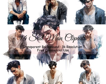 14 Sad Man Watercolor Bundle, Transparent PNG, Digital Download, Junk Journal Scrapbooking, Portrait Clipart, Commercial Use - 2153PC