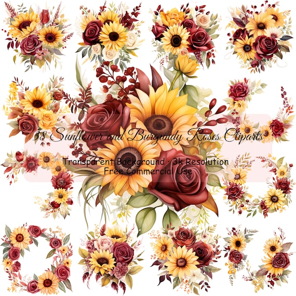 38 Sunflower and Burgundy Roses Clipart Bundle, Transparent PNG, Flower Bouquets, Flower Wreath, Card Making,Commercial Use - 2270PC