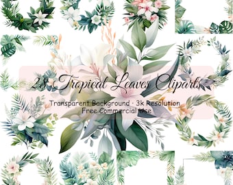 28 tropiska löv clipart-paket, transparent PNG, blombuketter, blomkrans, korttillverkning, kommersiellt bruk - 2253PC