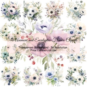 40 Anemone and Eucalyptus Flowers Clipart Bundle, Transparent PNG, Flower Bouquets, Flower Wreath, Card Making,Commercial Use - 2251PC