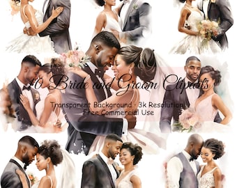 May include: A set of 10 digital illustrations of a bride and groom. The illustrations are in a watercolor style and feature a black couple. The illustrations are on a transparent background and are 3k resolution. Free commercial use.