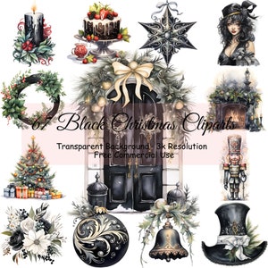 Set of 67 Black Christmas Clipart Watercolor Bundle, Transparent PNG, Winter Holiday clipart,Digital Download, Card Making - 2070PC
