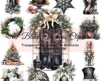 Conjunto de 67 paquetes de acuarela de imágenes prediseñadas de Navidad negra, PNG transparente, imágenes prediseñadas de vacaciones de invierno, descarga digital, fabricación de tarjetas - 2070PC
