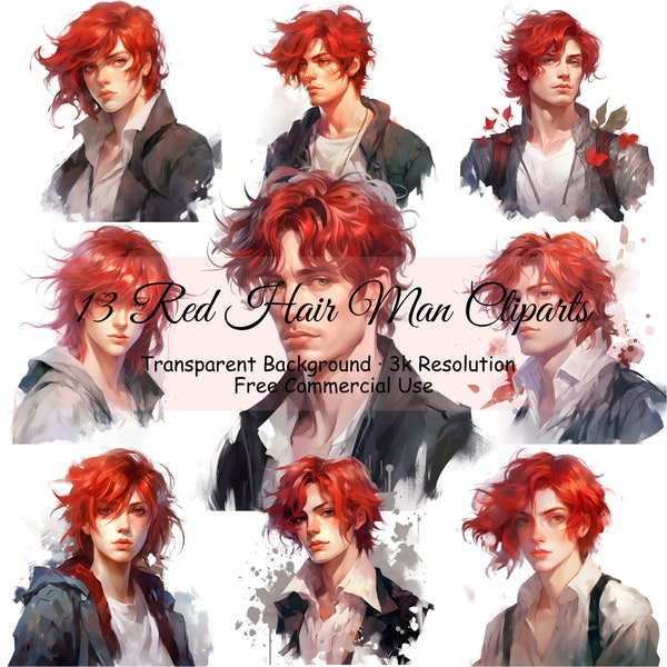 13 Red Hair Man Watercolor Bundle, Transparent PNG, Digital Download, Junk Journal Scrapbooking, Portrait Clipart, Commercial Use - 2189PC
