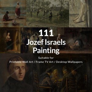 Könnte beinhalten: Eine digitale Collage aus 111 Gemälden von Jozef Israels mit verschiedenen Szenen des täglichen Lebens, Porträts und Innenansichten. Der Text 111 Jozef Israels Painting und Suitable for Printable Wall Art / Frame TV Art / Desktop Wallpapers ist überlagert.