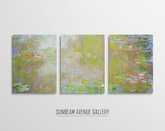 May include: A triptych of paintings depicting a pond with water lilies and lily pads. The paintings are in shades of green, blue, and pink. The text "SUNBEAM AVENUE GALLERY" is at the bottom of the image.