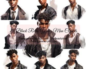 23 Black Retro Young Man Watercolor Bundle, Transparent PNG, Digital Download, Junk Journal Scrapbooking, Portrait Clipart, - 2173PC