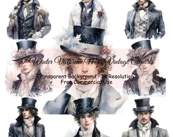 Set of 17 Winter Victorian Man Vintage Watercolor Clipart Bundle, Transparent PNG, Digital Download, Card Making Scrapbook Junk - 2112PC